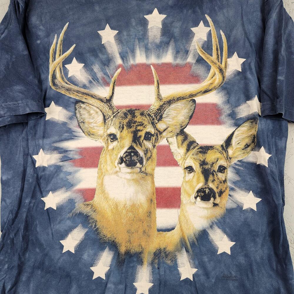 Vintage The Mountain Shirt Mens Large Blue Deer Flag Patriotic Hunting USA Y2K